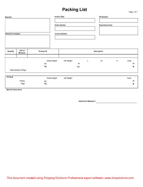 Packing List Form
