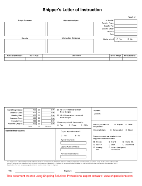 Shipper's Letter of Instruction Form