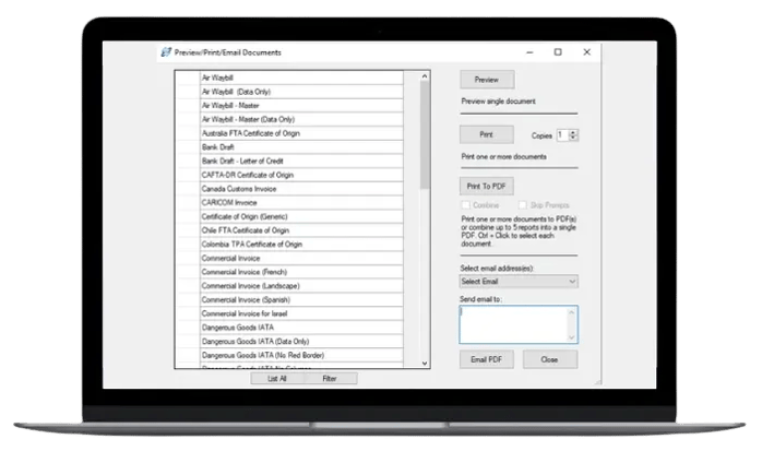 Email forms, save shipments and generate reports