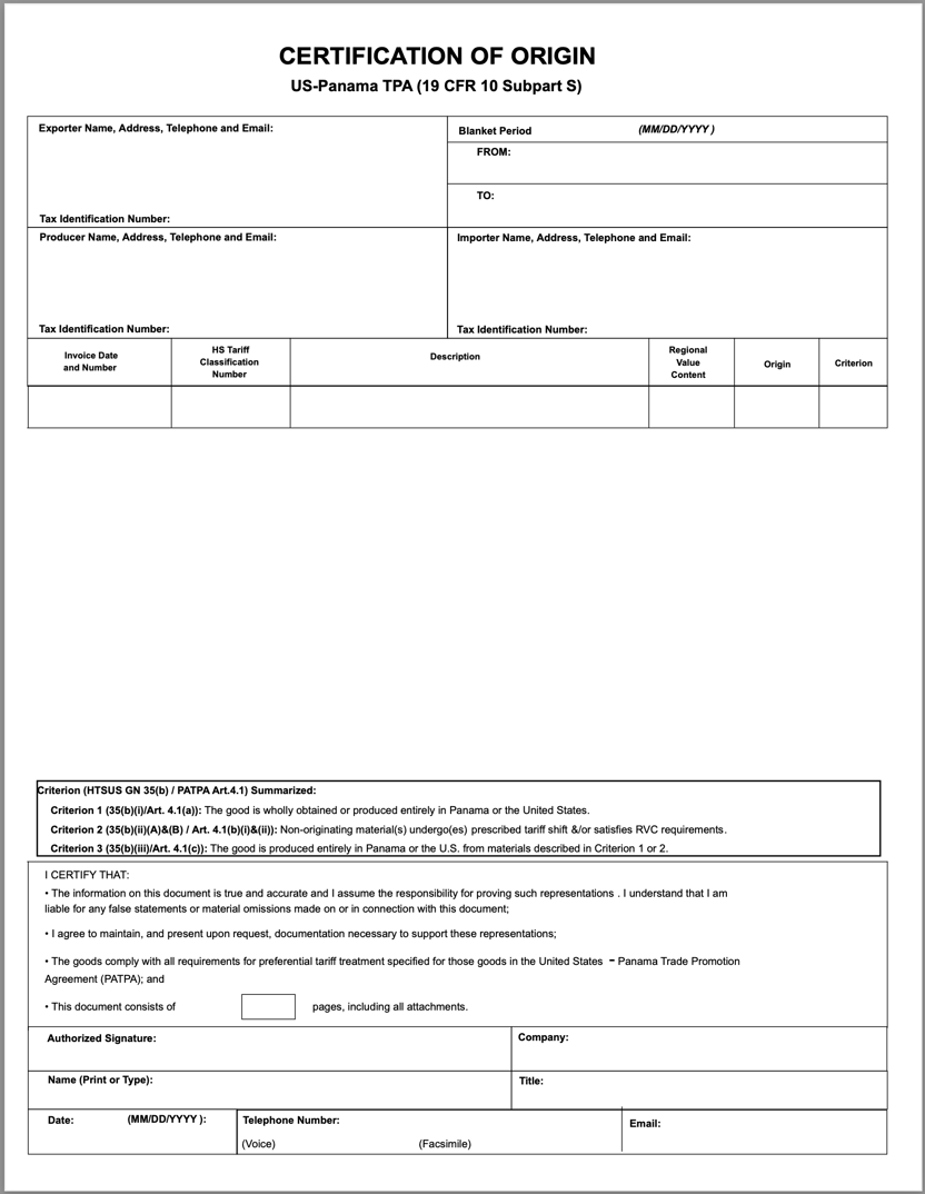 U.S.–Panama Certificate of Origin