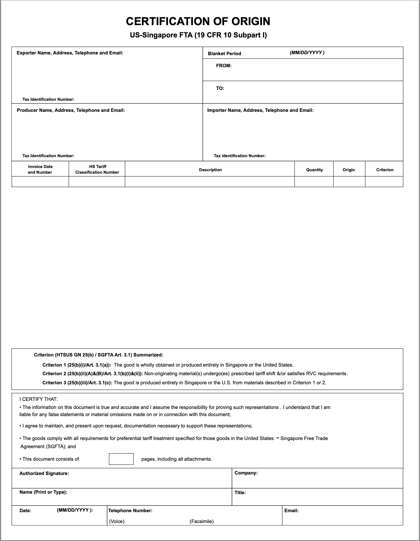 U.S.–Singapore Certificate of Origin